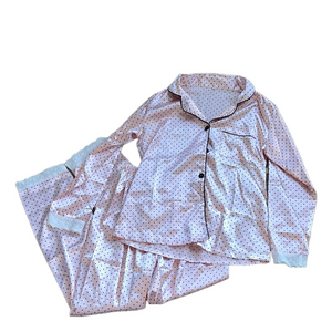 silky pink and black women’s polka dot button down  pajama set